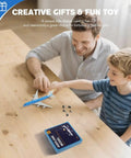 Father and son playing with 1/400 KLM 747 model plane on table, includes stand, resin fuselage, die-cast tail and belly.