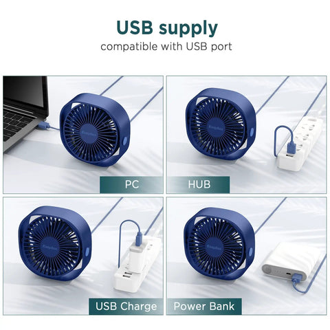 Go To Ultra Quiet USB Desk Fan With 360 Degree Rotatable Head 3 Speeds plugged into various USB power sources