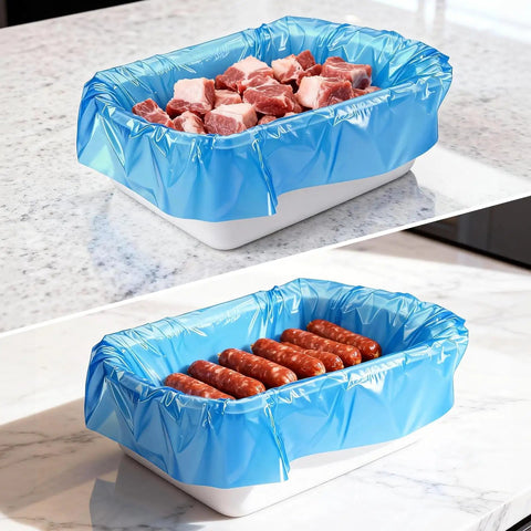 60 Pack Disposable Meat Lug Liners 2.5 Mil Thick Polyethylene Bags For Meat Processing Mixing And Transport 21 By 22 Inch Flat Open Liners In Blue For No Fuss Cleanup And Sanitary Work Areas lining plastic tray with raw meat and sausages