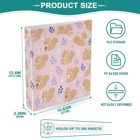 Totally Squirrel Pink Cute 3 Ring Binder With Clipboard 1.5 Inch Holds Up To 200 Sheets with squirrel design and product size details