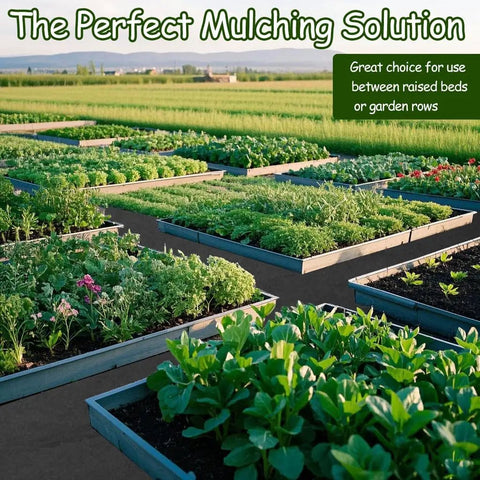 Raised garden beds with green vegetables, showcasing use of mulch mats for pathways and plant separation.