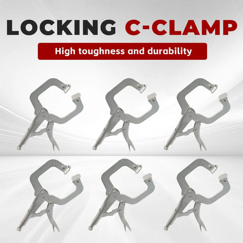 Beefy Six Pack 11 Inch Locking C Clamps With Swivel Pads Heavy Duty C Type Vise Grips displayed in packaging
