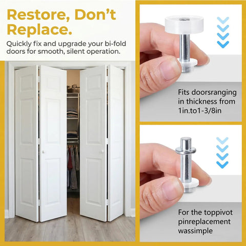 8 Pack Bifold Closet Door Hardware Kit With Top Roller Guide Wheels And Pivot Pins For Folding Doors Fits One To One And Three Eighths Inch Thick Panels Spring Loaded Replacement Parts For Accordion Doors shown with roller wheels and pivot pins