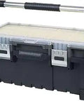 22-Inch Plastic Toolbox With 2-Tier Trays And 18 Compartments, Rugged Toolbox, Clear Top Lid, Black And Clear Design