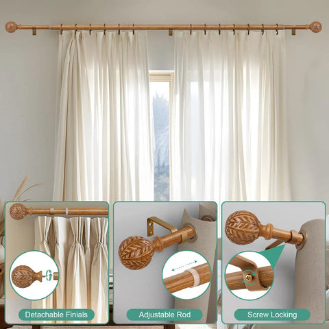 Wood Curtain Rod Set With Adjustable 36 To 120 Inch Length, 1 Inch Diameter, Imitation Wood Grain Finish, Leaf Pattern Finials shown
