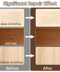 Before and after repair showing Color Matching Wood Filler Sticks Kit With 30 Assorted Wax Crayons And 2 Scrapers For Furniture Repair