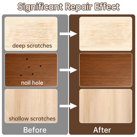 Before and after repair showing Color Matching Wood Filler Sticks Kit With 30 Assorted Wax Crayons And 2 Scrapers For Furniture Repair