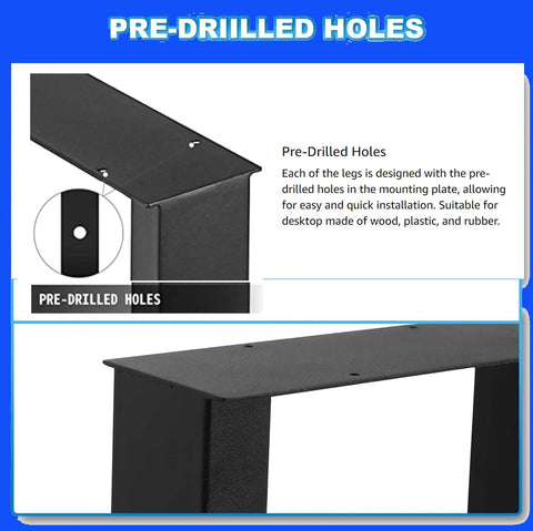 Close-up of heavy duty black iron square tube table legs with pre-drilled holes for easy install, industrial style steel construction.