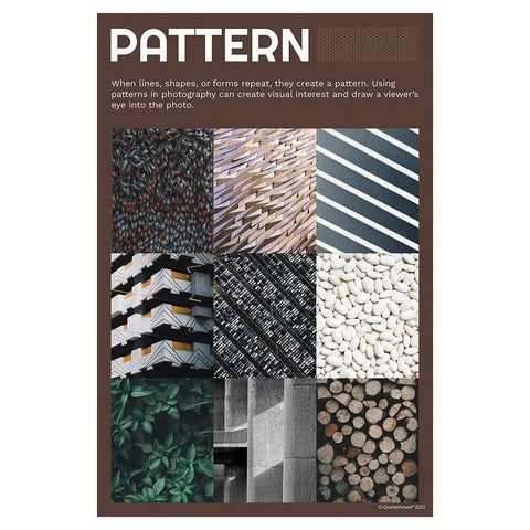 Pattern poster from 7 Poster Elements Of Photography Set For Art Classrooms And Teachers, showing various patterns, 12x18 inches.