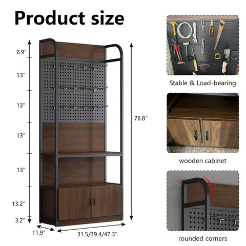 Rock Solid Retail Display Rack With Pegboard And Hooks, Freestanding Store Shelving Stand, Handy Storage Cabinet Below, No Sweat Setup For Boutiques And Convenience Shops, Dark Walnut Finish Game Changer