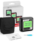 Dang Accurate Magnetic Digital Angle Gauge With Backlit LCD Display And Nifty Protractor Inclinometer in black with instruction manual and case.