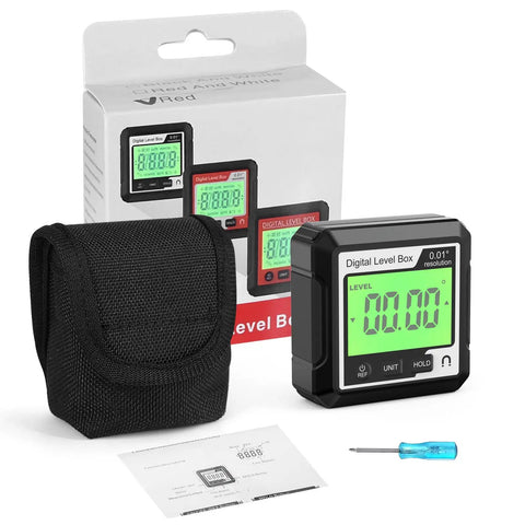 Dang Accurate Magnetic Digital Angle Gauge With Backlit LCD Display And Nifty Protractor Inclinometer in black with instruction manual and case.