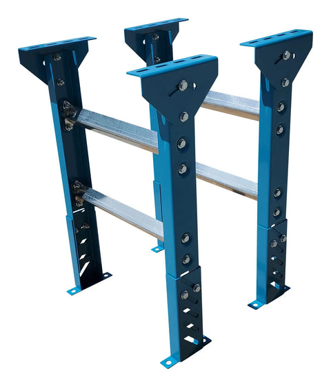 Heavy Duty Adjustable Conveyor Support Legs Two Pack Heights Lock From Twenty Six To Thirty Two Inches sized for eighteen wide rollers and woodworking benches.