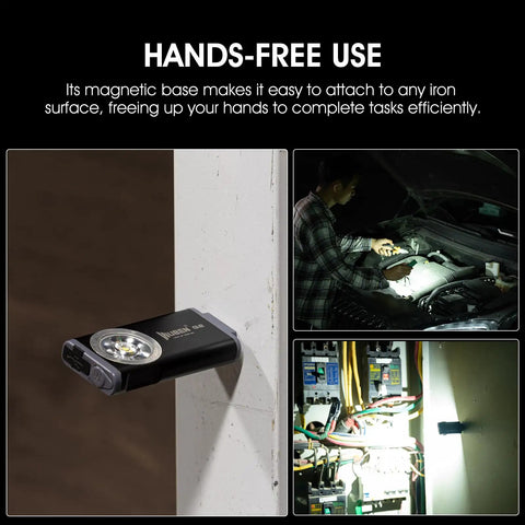 G2 Mini LED Flashlight Keychain, 500 Lumens Rechargeable Pocket Light with magnetic clip attached to a metal surface