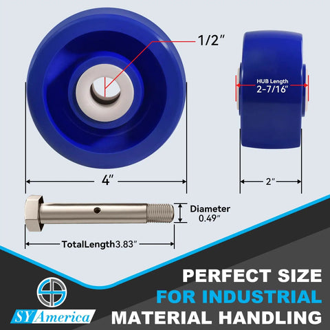 Rock Solid 4 Inch Blue Polyurethane Caster Wheels Heavy Duty Replacement Casters Built Tough For Industrial Washdown And Food Processing Smooth Rolling Floor Savers That Handle 750 Lbs Per Wheel Bulk Pack Of One Hundred - Dimensions of caster wheel and bolt shown.