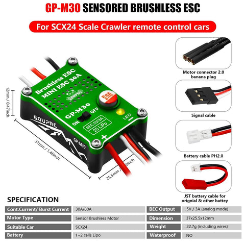 GP-M30 sensored brushless ESC for SCX24 scale crawler, shown with connectors and wiring for remote control cars.