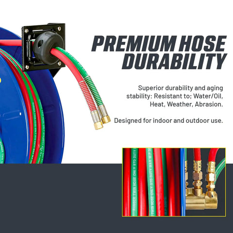 Retractable Welding Hose Reel One Quarter Inch By 65 Feet Twin Oxygen Acetylene Rubber Hoses with durability features