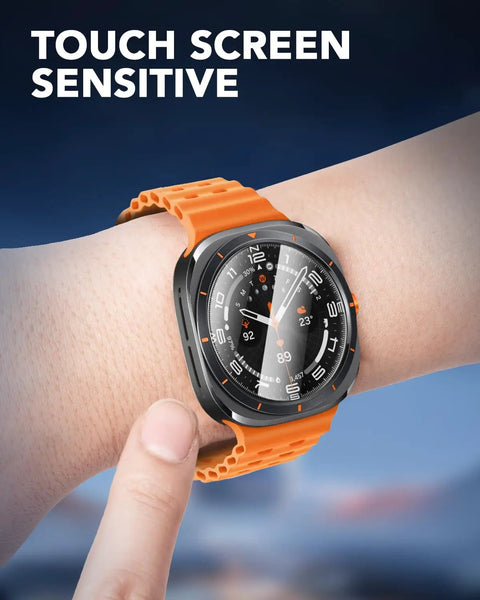 Four Pack For 47mm Galaxy Watch Ultra Screen Protectors, 9H Tempered Glass, Bubble Free Install, Scratch Resistant Shield shown on wrist