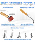 1600W Hot Air Plastic Welder Kit For Roofing And Vinyl PVC TPO Repairs, Handheld Heat Gun Welding Torch With Adjustable Nozzles, 110V Portable Plastic Welding Tool accessories display showing seam roller, groover, and nozzles.