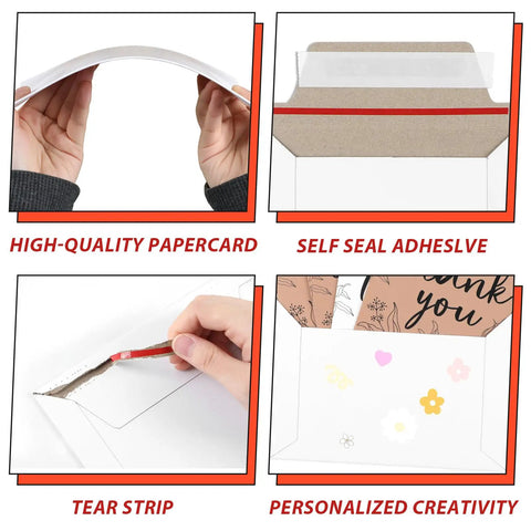 100 Pcs 6.5 By 4.5 Inch Rigid Mailers With Self Seal Envelopes showing tear strip and adhesive closure feature