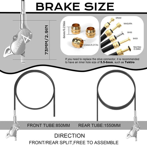 Beefy Four Piston Hydraulic Disc Brake Set for Mountain Bikes Ebikes and Fat Bikes front 850mm rear 1550mm diagram