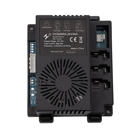Rig Ready Slick 24V Control Box Kit for Kids Electric Ride On Cars showing HY2005RX module with wiring ports and heat vents.