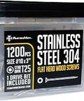 Stainless Steel Deck Screws 10x3 Inch 304 Grade, 1200 Piece Bulk Box With T25 Star Drive, clear packaging with label.