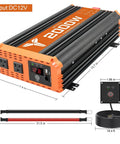 2000 Watt Pure Sine Wave Car Inverter 12V DC To 120V AC With 4000 Watt Peak Power dimensions shown with cables and remote control