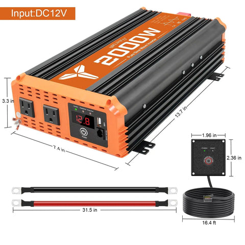 2000 Watt Pure Sine Wave Car Inverter 12V DC To 120V AC With 4000 Watt Peak Power dimensions shown with cables and remote control
