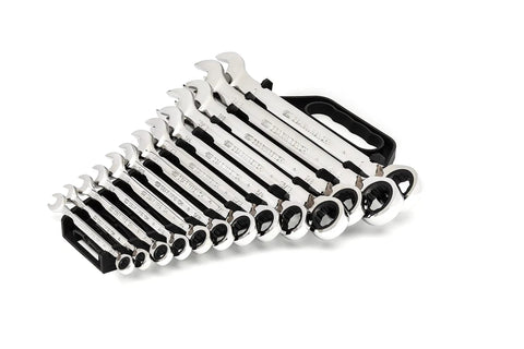 Beefy Thirteen Piece SAE Reversible Ratcheting Wrench Set With 12 Point Box Ends in a carrying tray, displayed in a fan shape