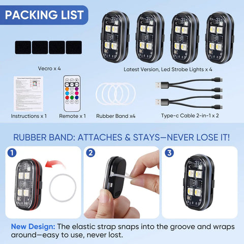 Packing list for Lit Wireless LED Strobe Lights With Remote Control, 8 Colors, Type C Rechargeable, 4 LED lights per unit, 4 pack.