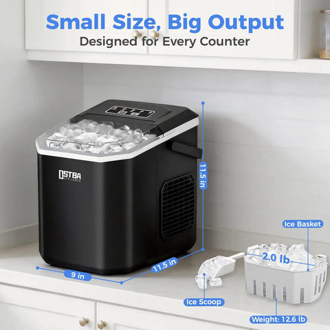 Portable Countertop Ice Maker That Cranks Out Bullet Ice In 6 Minutes, 9 Cubes Per Batch, Up To 26 Lbs Per Day on kitchen counter