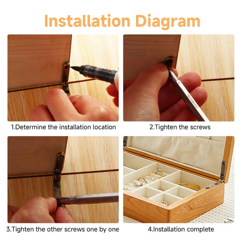 Installation diagram for 12 Pack Tiny Bronze Hinges For Small Wooden Jewelry Boxes With Screws 90 Degree Stop Lid Support