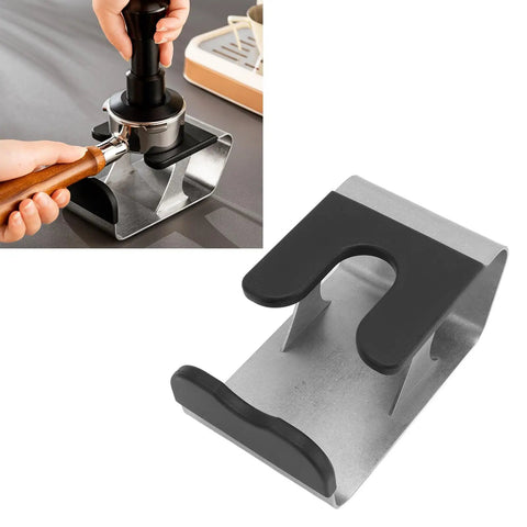 Heavy Duty Built Tough Stainless Steel Portafilter Stand And Espresso Tamper Station For Bottomless Basket Home Barista Workflow, supporting coffee tamper.