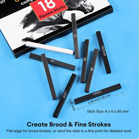Compressed Graphite And Charcoal Sticks Set Of 18 For Drawing And Sketching Includes Black And White Charcoal Soft Medium Hard Charcoal And Graphite Grades 8B 6B 4B 2B HB displayed on blue background