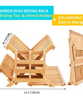 Heavy Duty Bamboo Dish Drying Rack Three Tier Collapsible Wooden Drainer With Utensil Holder seen from the side, showcasing dimensions.
