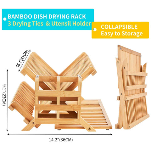 Heavy Duty Bamboo Dish Drying Rack Three Tier Collapsible Wooden Drainer With Utensil Holder seen from the side, showcasing dimensions.