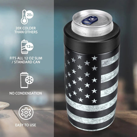 4 In 1 Slim Can Cooler Insulated Stainless Steel Holder Fits 12 Oz Cans Regular Cans Beer Bottles And Drinking Cup Double Wall Keeps Drinks Icy Cold Black American Flag with can