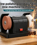 Rock Solid Dual Wheel Electric Bench Sander And Belt Polisher With Quick Dial Speed Control For Metal And Wood Shop Sharpening Rust Removal And Precision Grinding Workhorse in use, showing fine polishing and grinding action.