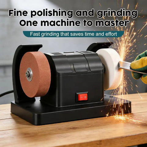 Rock Solid Dual Wheel Electric Bench Sander And Belt Polisher With Quick Dial Speed Control For Metal And Wood Shop Sharpening Rust Removal And Precision Grinding Workhorse in use, showing fine polishing and grinding action.