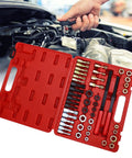 Premium 48 Pcs Steel Thread Chaser Set With Taps Dies And Files For Fixing Damaged Threads Fast On Car Bike Home DIY Projects Like A Pro open red case with steel taps, dies, and files in engine repair