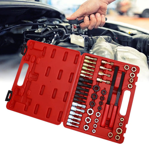 Premium 48 Pcs Steel Thread Chaser Set With Taps Dies And Files For Fixing Damaged Threads Fast On Car Bike Home DIY Projects Like A Pro open red case with steel taps, dies, and files in engine repair