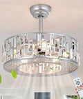 Crystal Caged 20 Inch Bladeless Ceiling Fan With Remote Control Modern Silver Fandelier Low Profile Enclosed Indoor Lighted