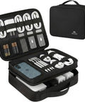 Open Travel Electronics Organizer Case Water Resistant Cable Organizer Bag for travel essentials storage, showing compartments.