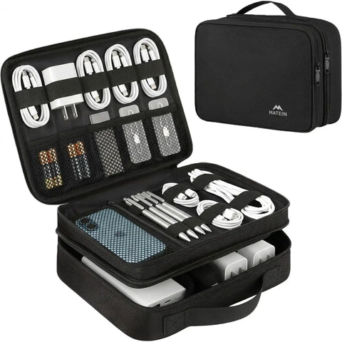 Open Travel Electronics Organizer Case Water Resistant Cable Organizer Bag for travel essentials storage, showing compartments.
