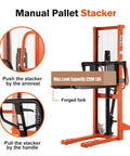 Rock Solid Manual Pallet Stacker And Heavy Duty Hand Forklift Featuring Pro Level 2200 Lb Load Capacity With Up To 63 Inch Max Lifting Height showcasing armrest and forged fork.