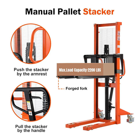 Rock Solid Manual Pallet Stacker And Heavy Duty Hand Forklift Featuring Pro Level 2200 Lb Load Capacity With Up To 63 Inch Max Lifting Height showcasing armrest and forged fork.
