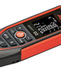 Disto D2R Laser Distance Meter With 490 Ft Range Bluetooth 4.2 NFC Data Transfer To Disto Plan App Smart Horizontal Add Subtract Volume 30 Memory 4 Line Display Intelligent End Piece IP54 Indoor Use Go To Workhorse orange and black handheld laser meter