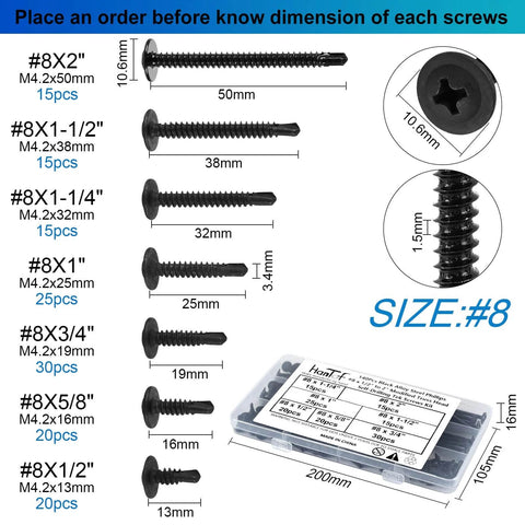 Pro Grade Self Drilling Screws Kit For Metal And Sheet Metal 140 Pcs Black TEK Self Tapping Deck Screws with size details and packaging