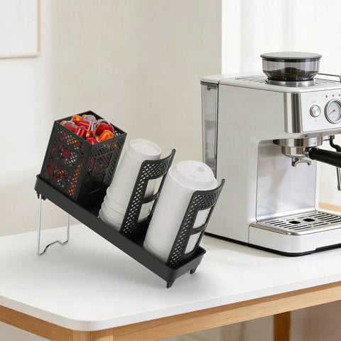Go To Heavy Duty Coffee Cup Dispenser With Straws Holder And Lid Organizer For Countertop next to coffee machine.